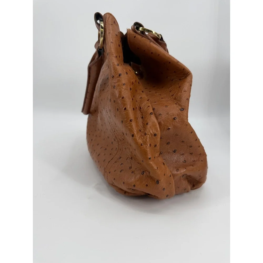 GILI Ostrich Embossed Leather Satchel Handbag Cognac Brown Gold Tone Hardware
